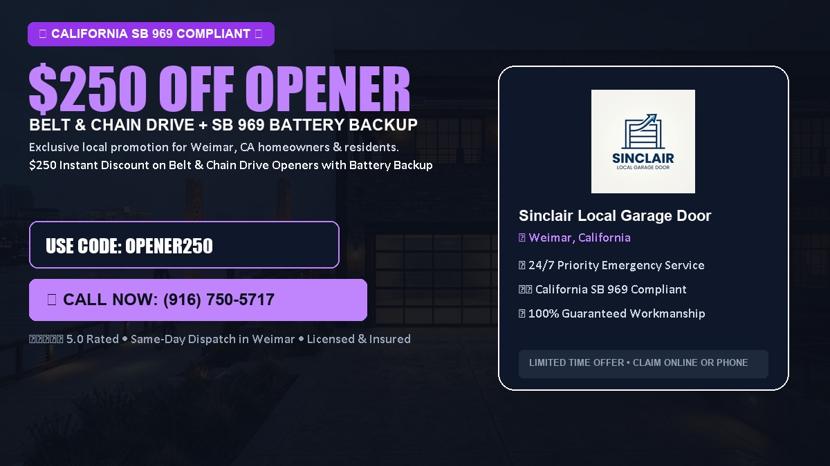 $250 OFF Smart Garage Door Opener Installation (Belt & Chain Drive with California SB 969 Battery Backup) in Weimar, CA